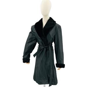 Vintage Y2K KC Collections Black Genuine Leather Faux Fur Trim Wrap Trench Coat